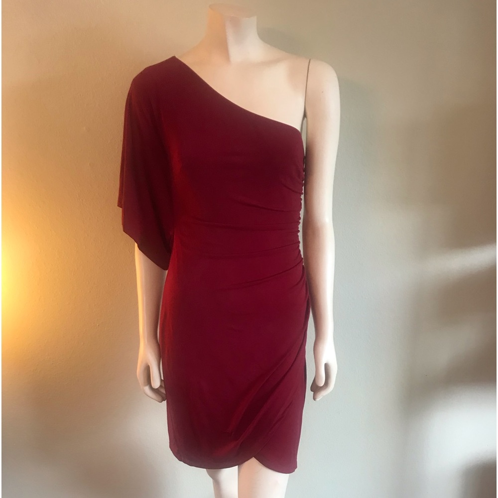 “NEW ARRIVALS” Intermission Red Pleated Dress one Shoulder Ruffle Sleeve